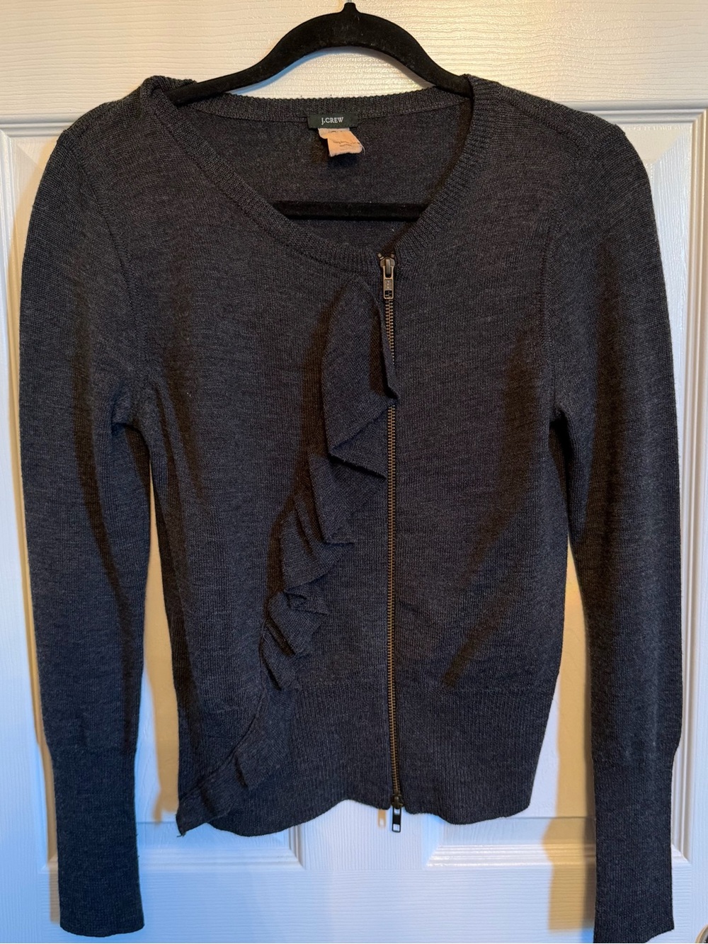 J. Crew Charcoal Gray Ruffle Zip Cardigan